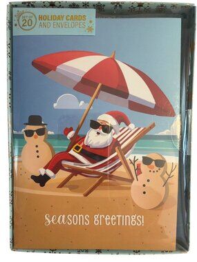 Festive Christmas Christmas Holiday Cards Santa Beach Snowman Box of 20 NEW